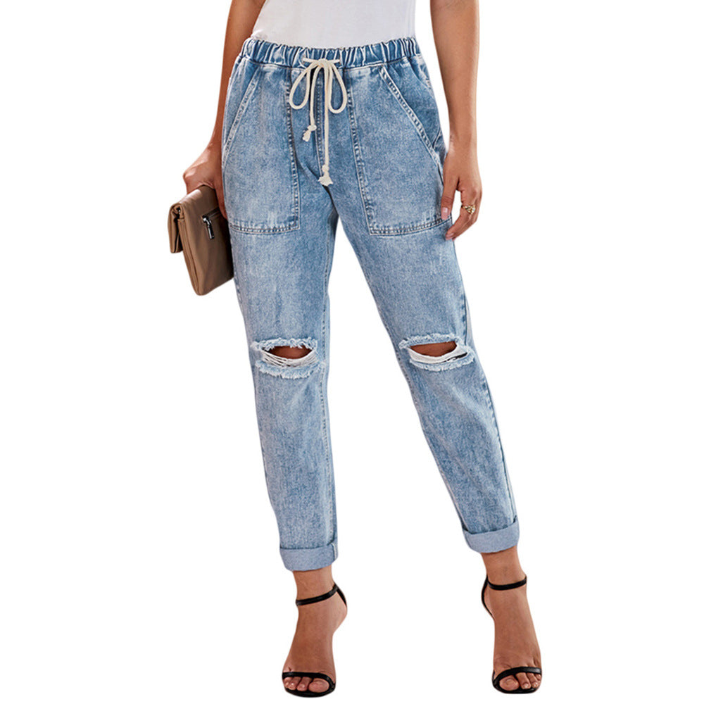 Elastic waist jeans female loose tied rope waist large pockets