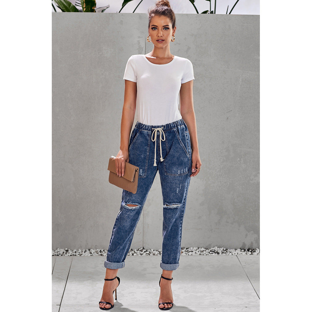 Elastic waist jeans female loose tied rope waist large pockets