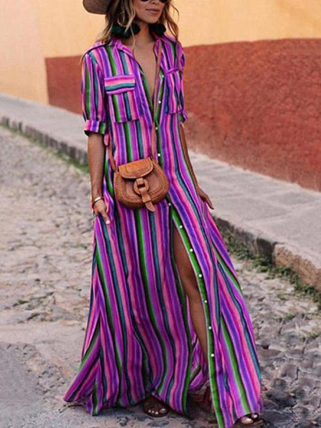 Summer Women Bohemia Striped Shirt Maxi Dress