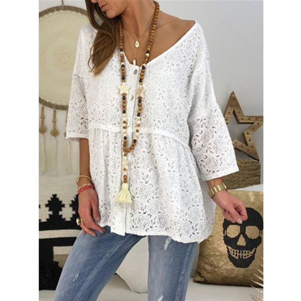 Lace Button Solid Color V Neck Casual Blouse