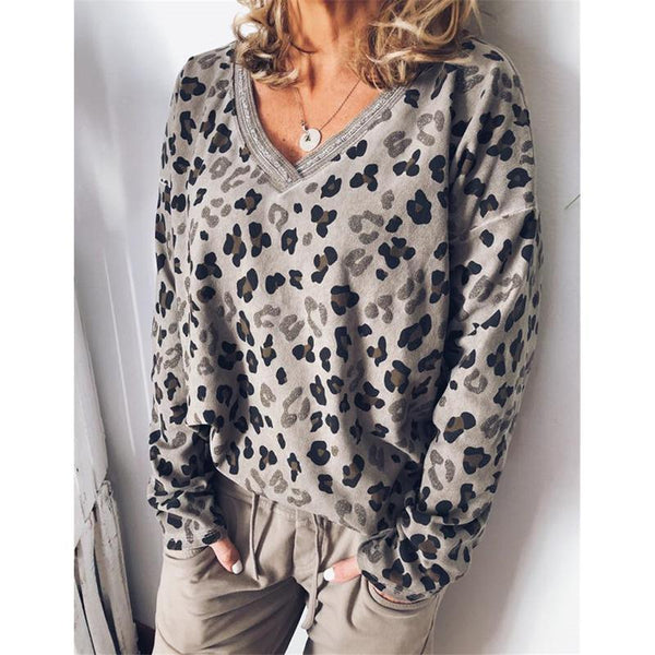 Autumn Leopard Printed V-Neck Blouses