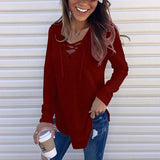 Casual Solid Lace Up V-Neck Blouse