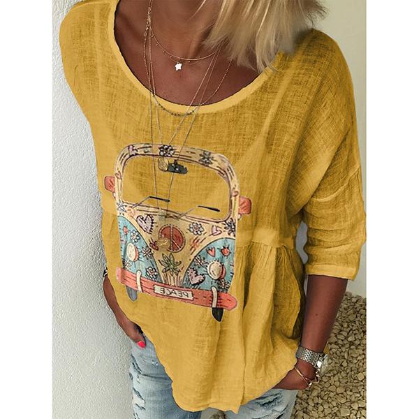 Casual Loose 3/4 Sleeve Round Neck Printed Tops