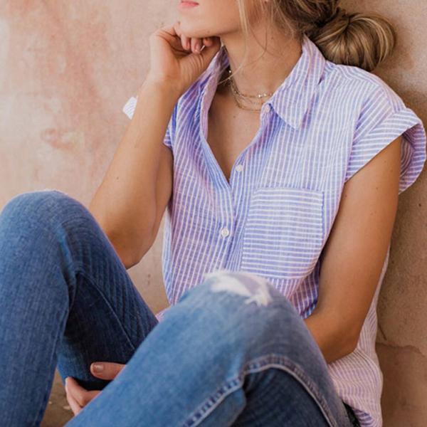 Casual V-Neck Short Sleeve Striped Blouse