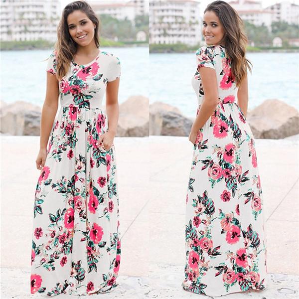 Women Long Maxi Dress Summer Floral Print Boho Beach Dress Short Sleeve Evening Party Dress