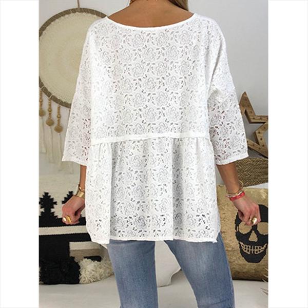 Lace Button Solid Color V Neck Casual Blouse