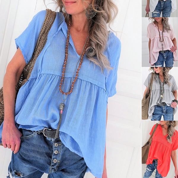 Loose Solid Color V Neck Blouse