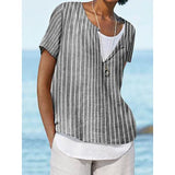 Casual Crew Neck Stripes Short Sleeve Tops