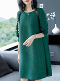 Woman Solid Color Mesh O-Neck Half Sleeves Midi A-Line Dresses