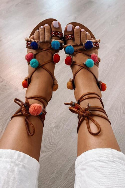 Women Fashion Pom Lace Up Flat Sandals