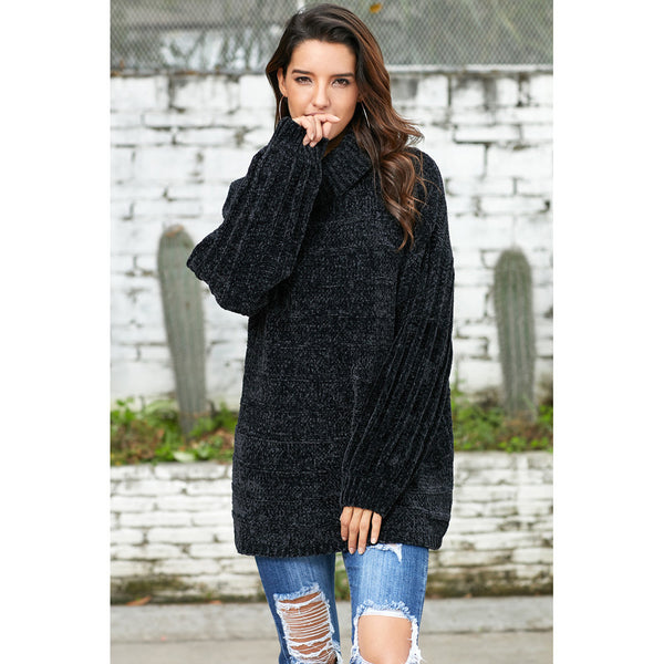 Women High Collar Solid Color Long Sleeve Knitted Sweaters