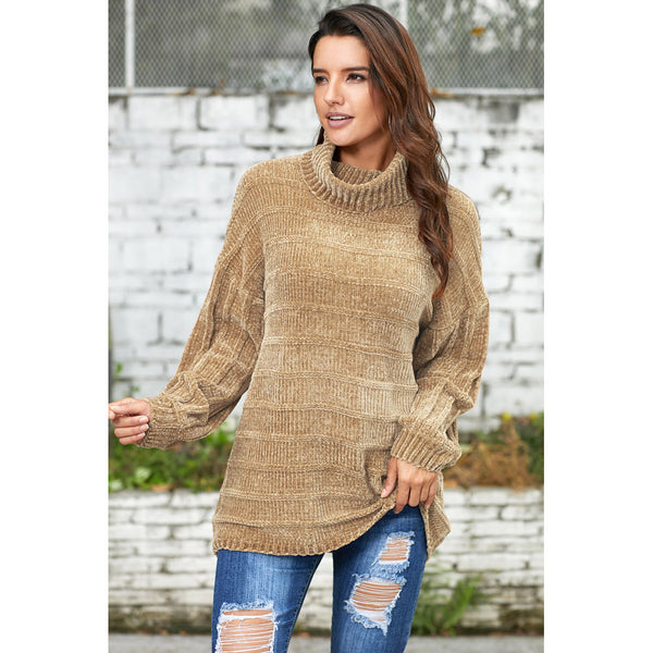 Women High Collar Solid Color Long Sleeve Knitted Sweaters