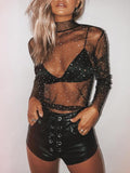 Sexy Gauze  Paillette Women Lace Shirt