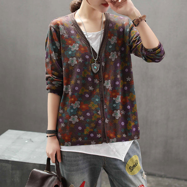 Women Retro Loose Knitted Print O-neck Sweater