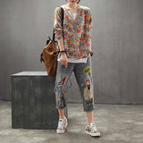 Women Retro Loose Knitted Print O-neck Sweater