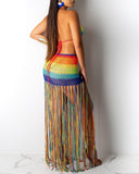 Rainbow Knited Tassel Bikini and Skirts Set