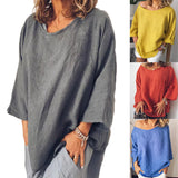 Women Vintage Solid Color Pullover Casual Blouse