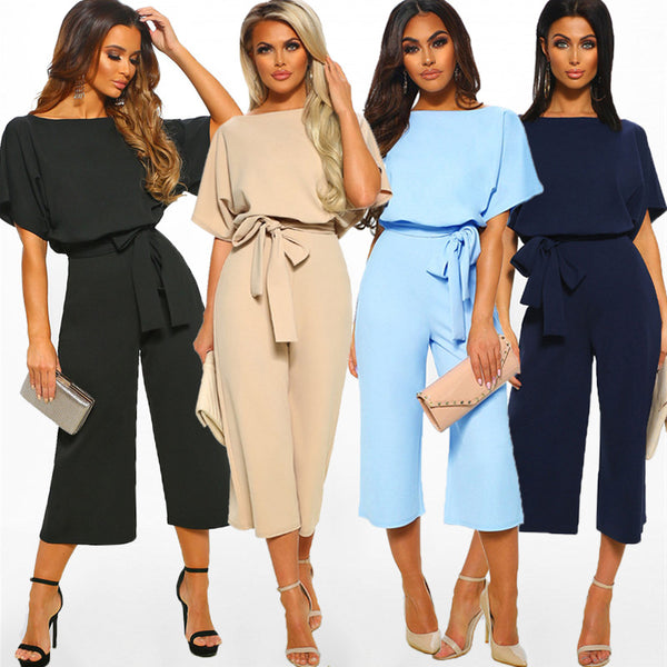 Women Solid Color Short Sleeves Sexy Casual Jumpsuits