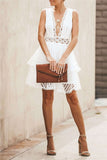 WanaDress V-neck Hollow Out White Lace Dress