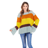 Women's three-color stitching long-sleeved loose pullover sweater