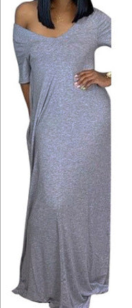 Women Fashion Short Sleeve V-neck Sexy Maxi Dress