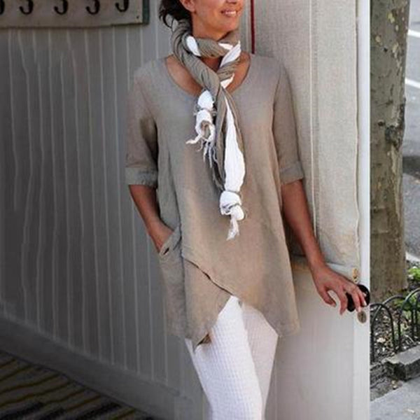 Women Cotton Linen Solid O-neck Simple Blouse Tops 