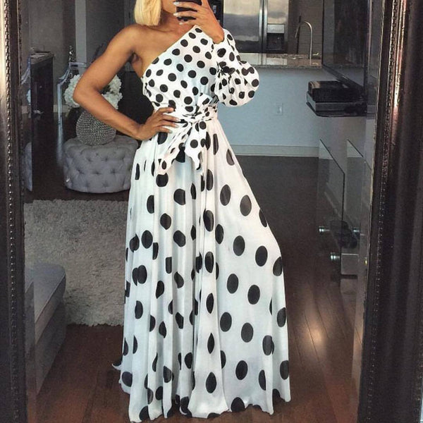 Women Casual Polka Dot Printed Sexy One Shoulder Maxi Dress