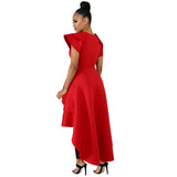 Women V-neck Solid Ruffle Asymmetrical Maxi Dress