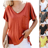 Women Short Sleeve Solid V-neck Cotton T-shirts 