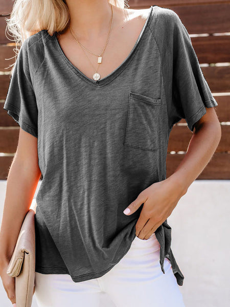 Women Short Sleeve Solid V-neck Cotton T-shirts 