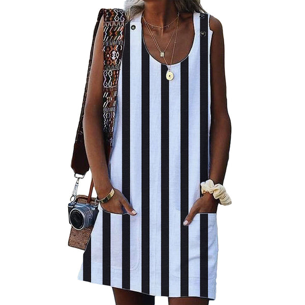 Striped round neck V-neck sleeveless tank Mini dresses