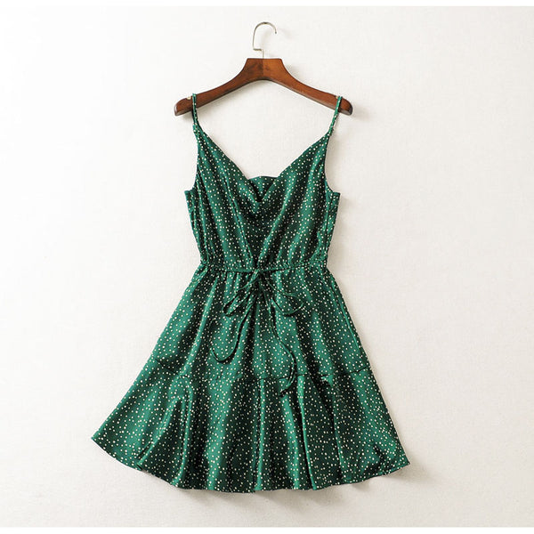 Sexy Backless Vintage Green Polka Dot Mini Dress