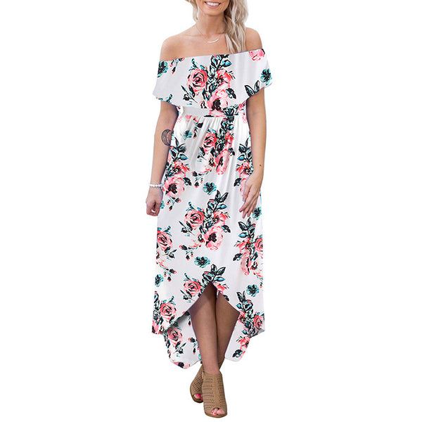 Floral Print Off Shoulder Boho Irregular Maxi Dress