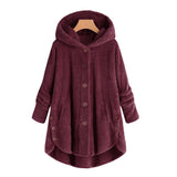 Women Casual Button Long Sleeve Solid Fluffy Hooded Coats