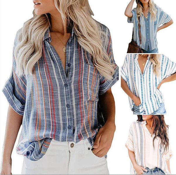 Women Summer Loose Striped Short Sleeves T-shirts 