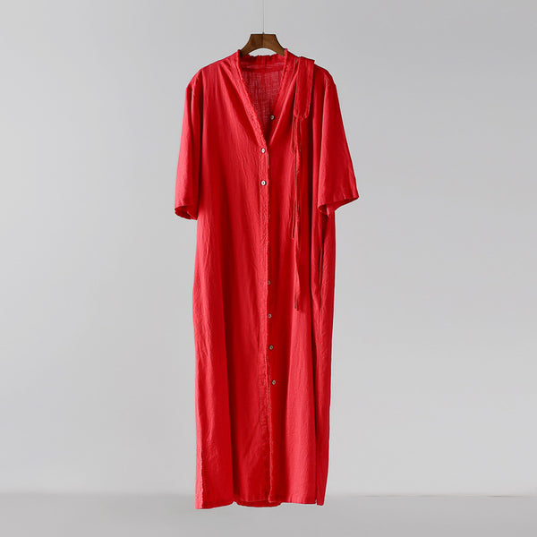 Women Cotton Linen Solid Color Vintage Casual Dress
