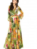 Women New Chic Long Sleeve V-neck Lace Up Leaf Printed Bohemia Dresses