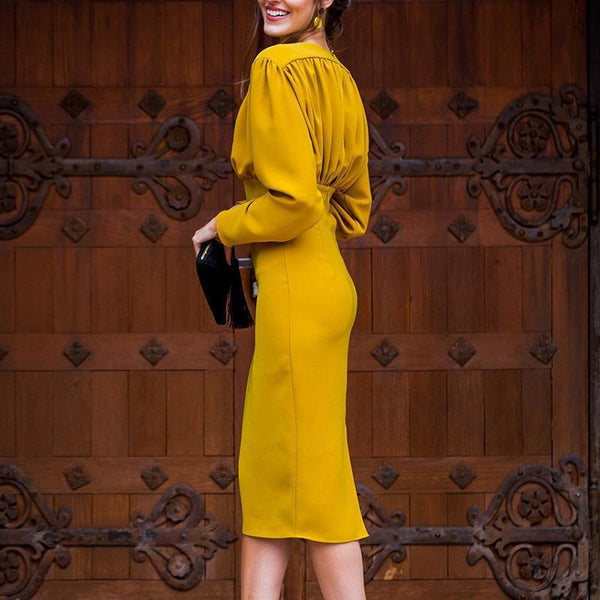 Long Sleeve Solid Knee-Length V-neck Elegant Bodycon Dress