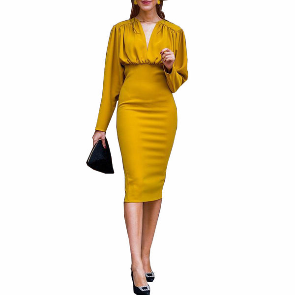 Long Sleeve Solid Knee-Length V-neck Elegant Bodycon Dress