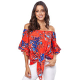 Loose sexy one-shoulder shirt women's new print knotted women's pullover shirt