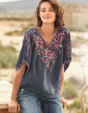 Women V-neck Embroidered  Loose T-shirts