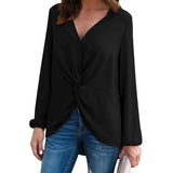 Women Long Sleeve Twist Front Slit Casual V-neck Blouse