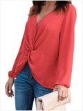 Women Long Sleeve Twist Front Slit Casual V-neck Blouse