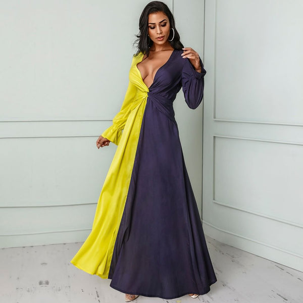 Women Deep V Hit Color Elegant Lantern Sleeve High Waist Maxi Dress