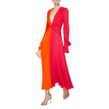 Women Deep V Hit Color Elegant Lantern Sleeve High Waist Maxi Dress