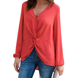 Women Long Sleeve Twist Front Slit Casual V-neck Blouse