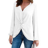 Women Long Sleeve Twist Front Slit Casual V-neck Blouse