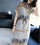 Women Turn Down Collar Short Sleeve Floral Printed Maxi Dress