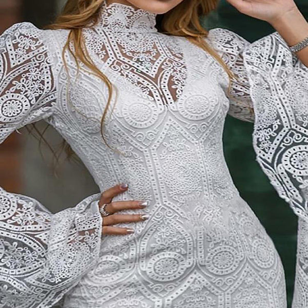 Women Hollow Out Lace Flare Sleeve Sexy Mini Dresses
