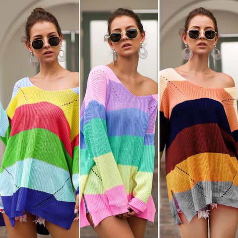 Rainbow Patchwork Knitted Pullover Loose Sweater